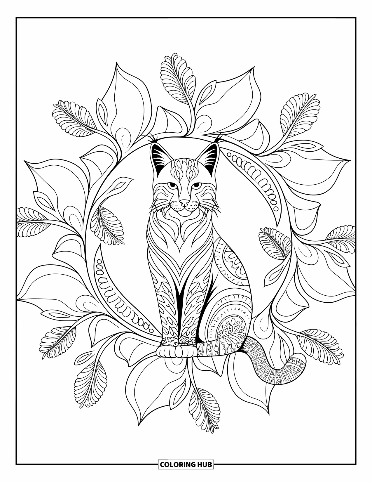 Bobcat Coloring Page for Adults: A bobcat sits proudly inside a leafy mandala of vines and forest patterns