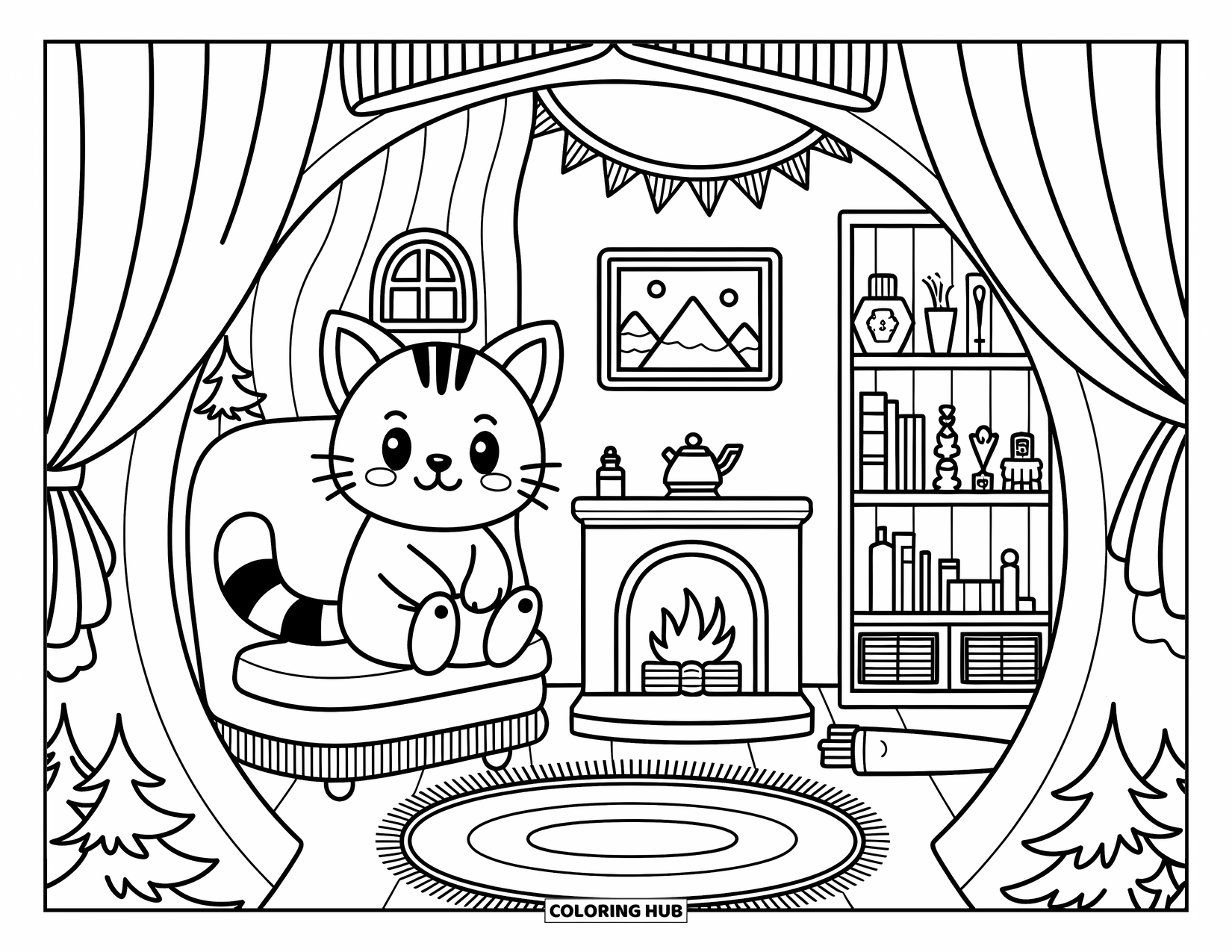 Bobcat Coloring Page for Adults: A bobcat sits warmly by the fireplace in a cozy forest hut