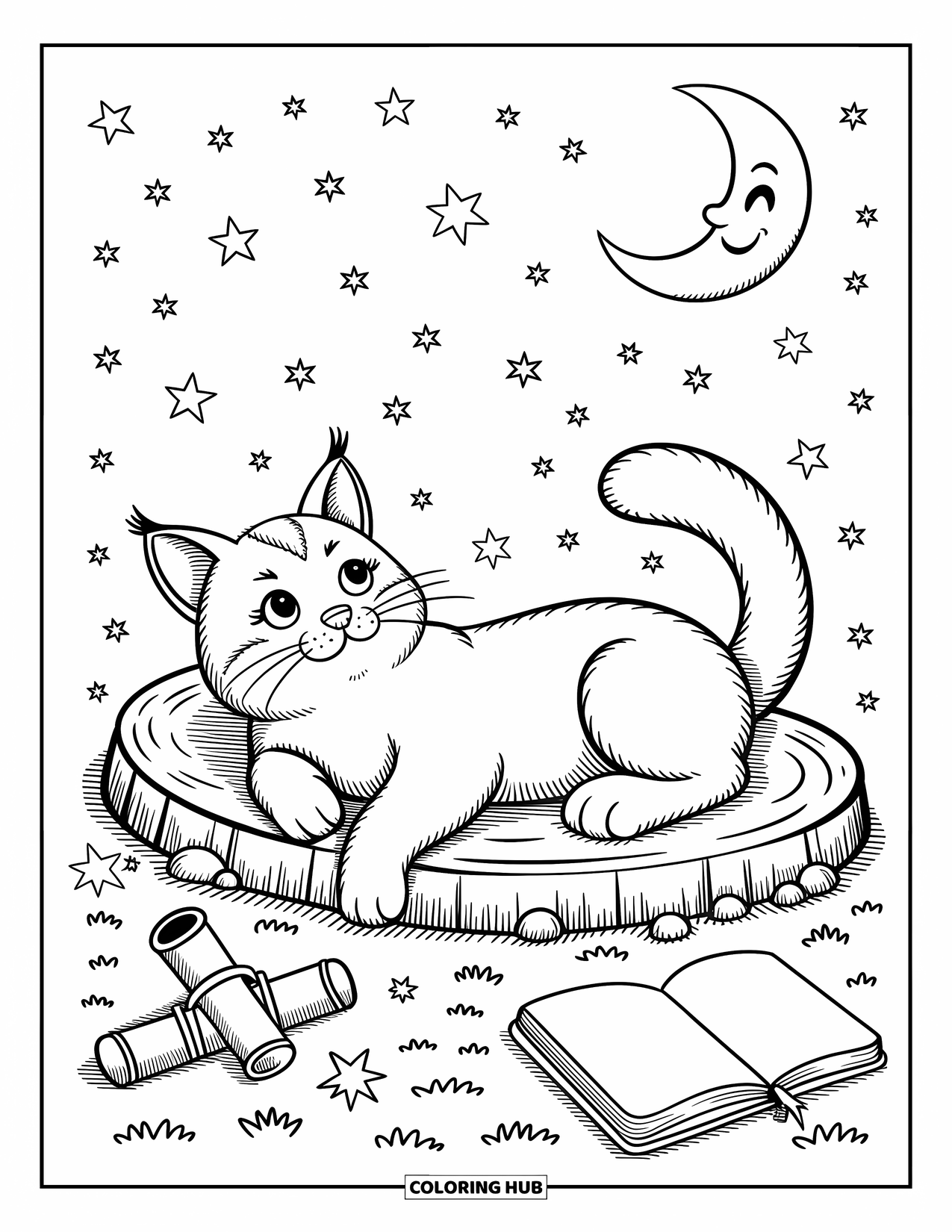 Bobcat Coloring Page for Adults: A bobcat stargazes with a journal and fireflies on a mossy log