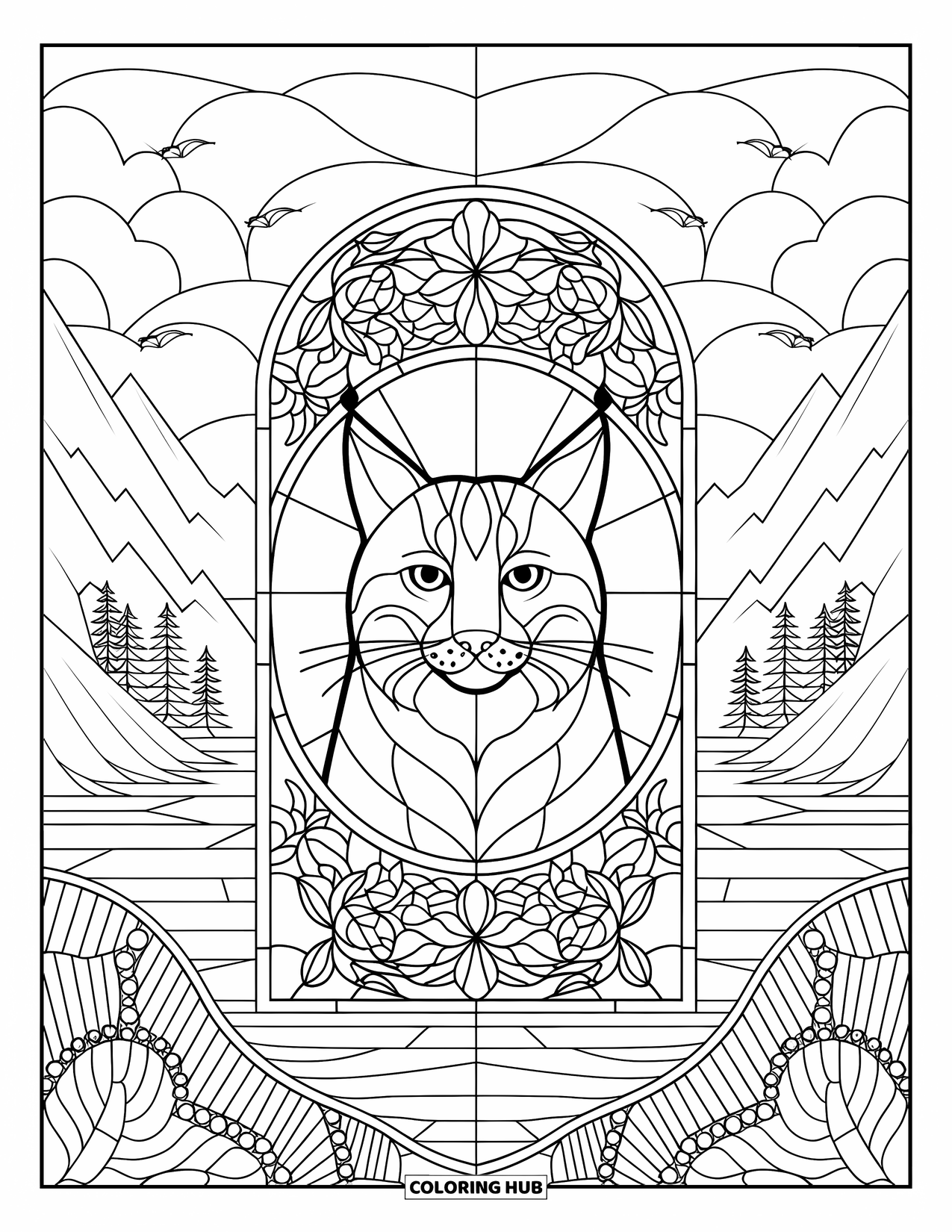Bobcat Coloring Page for Adults: A bobcat's face is framed by stained glass and flowers with mountain views