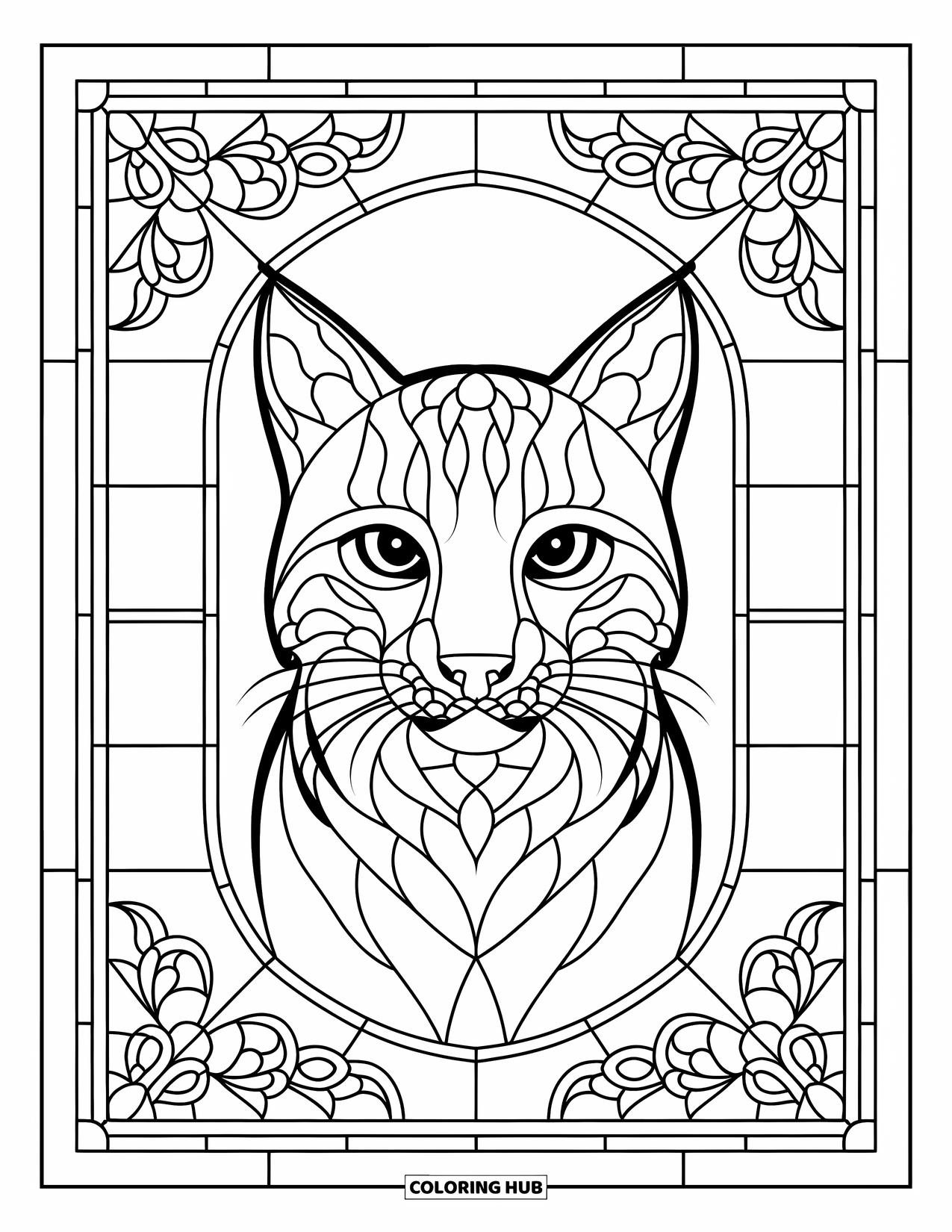 Bobcat Coloring Page for Adults: A bobcat's face rests in the center of a floral stained glass window