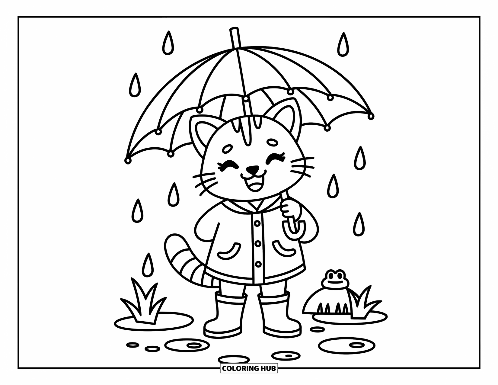 Bobcat Coloring Page for Adults: A joyful bobcat in boots stands under a leaf with puddles and a frog