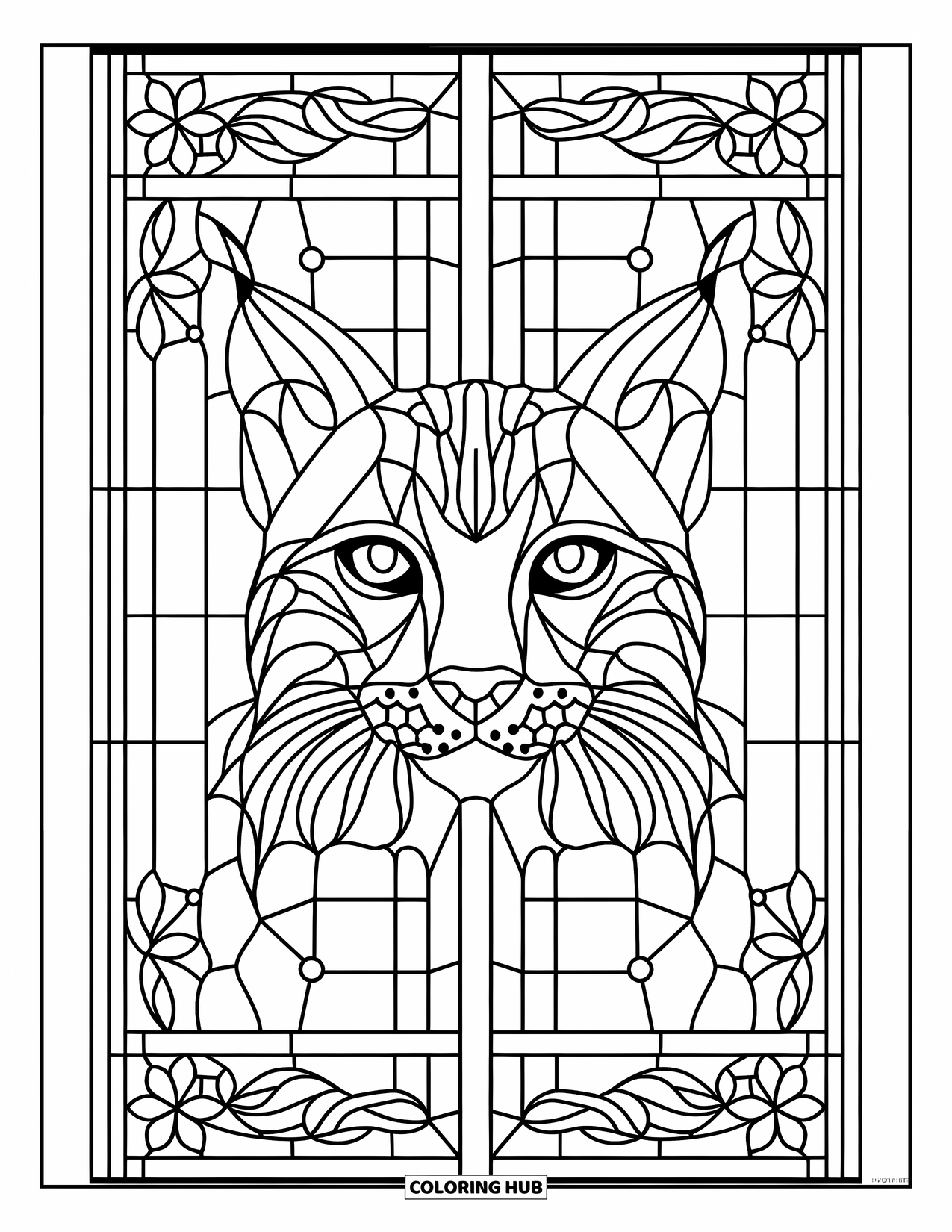Bobcat Coloring Page for Adults: A mirrored stained glass window features a bobcat's face and leafy frame