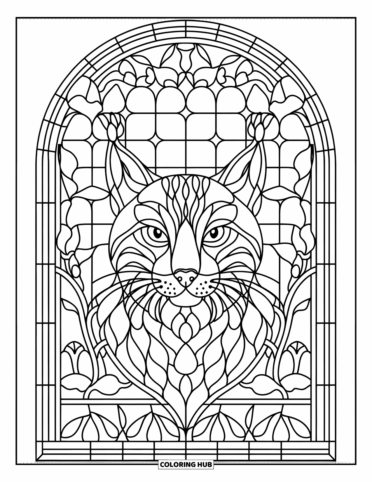 Bobcat Coloring Page for Adults: A stained glass frame surrounds a bobcat's face and floral border