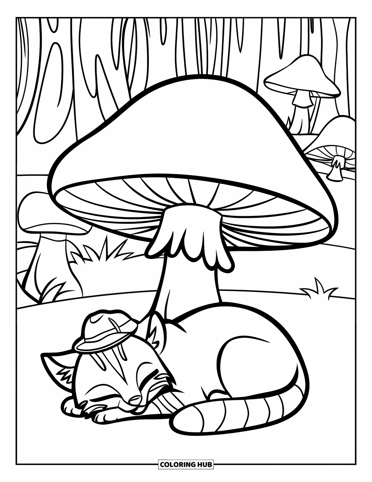 Bobcat Coloring Page for Kids: A bobcat curls up under a big mushroom for a cozy nap