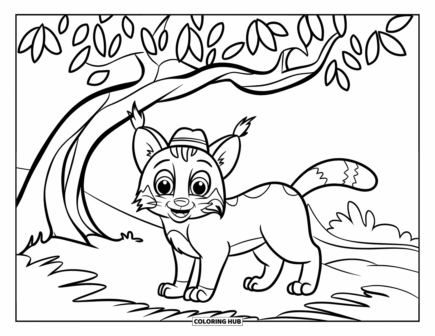 Bobcat Coloring Page for Kids: A bobcat in a tiny hat stands under a big leafy tree