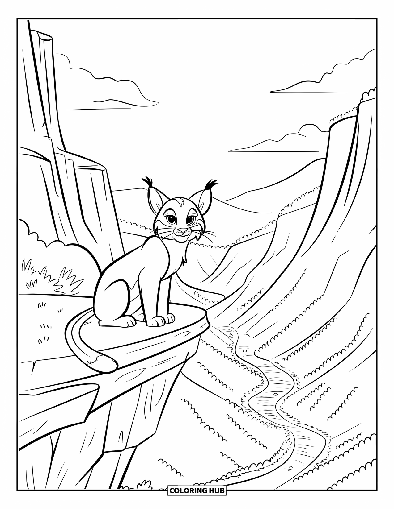Bobcat Coloring Page for Kids: A bobcat looks out over a valley with a river and clear sky