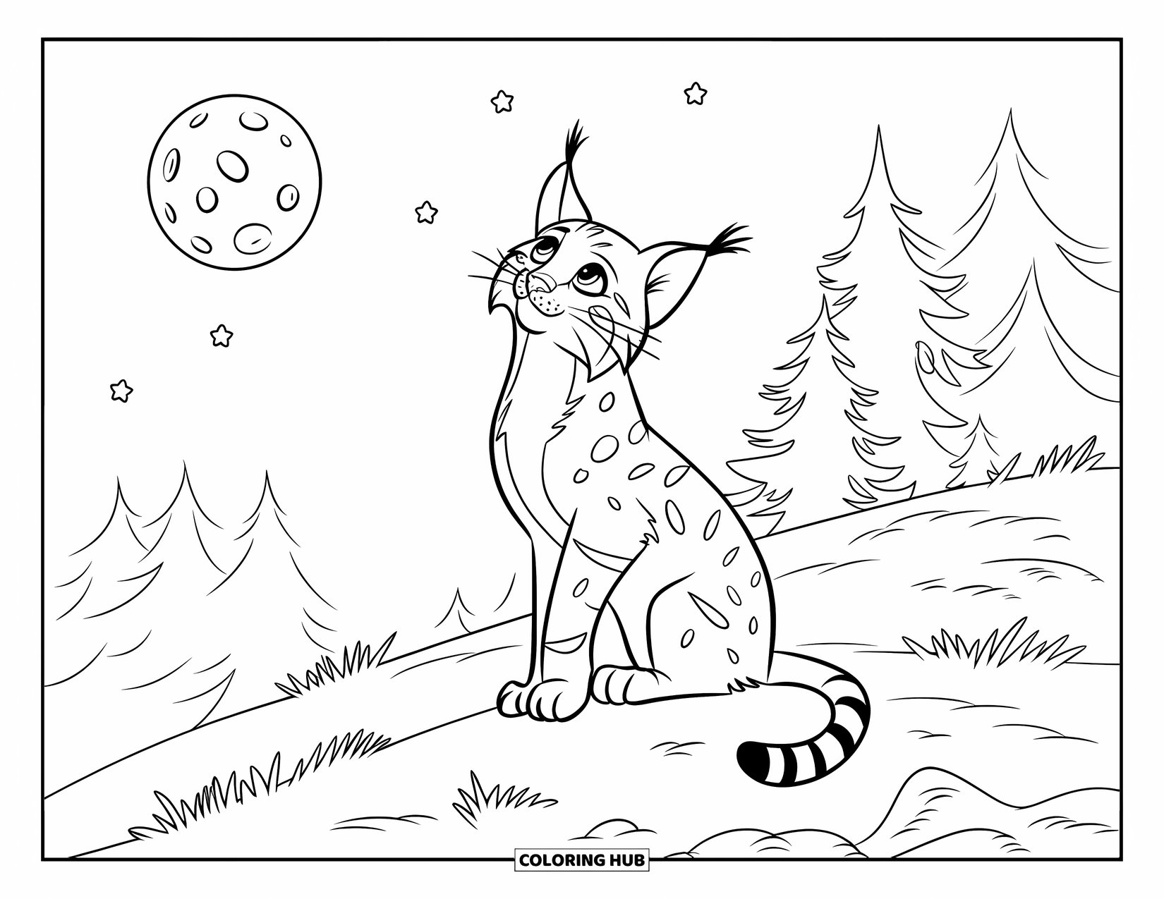 Bobcat Coloring Page for Kids: A bobcat looks up at the moon from a pine-covered hilltop