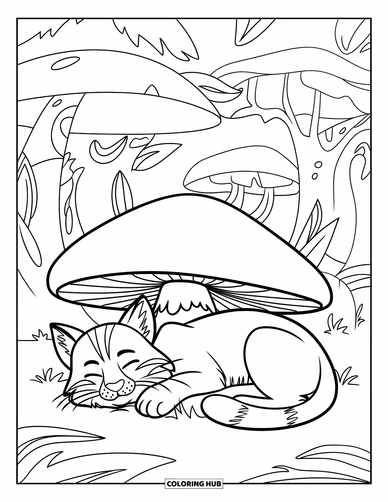Bobcat Coloring Page for Kids: A bobcat naps on its back under a round mushroom in a leafy forest
