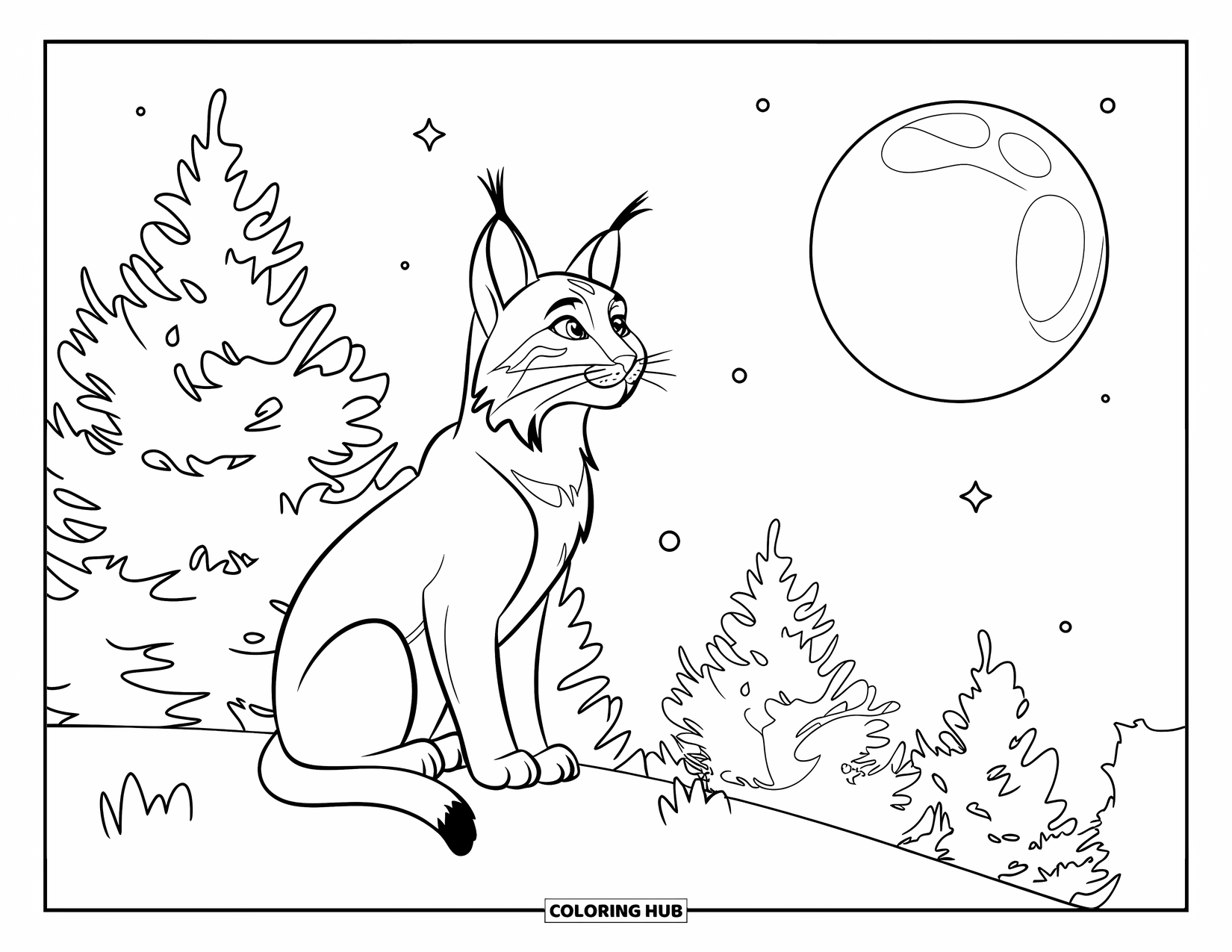 Bobcat Coloring Page for Kids: A bobcat sits on a hilltop, gazing up at the glowing full moon