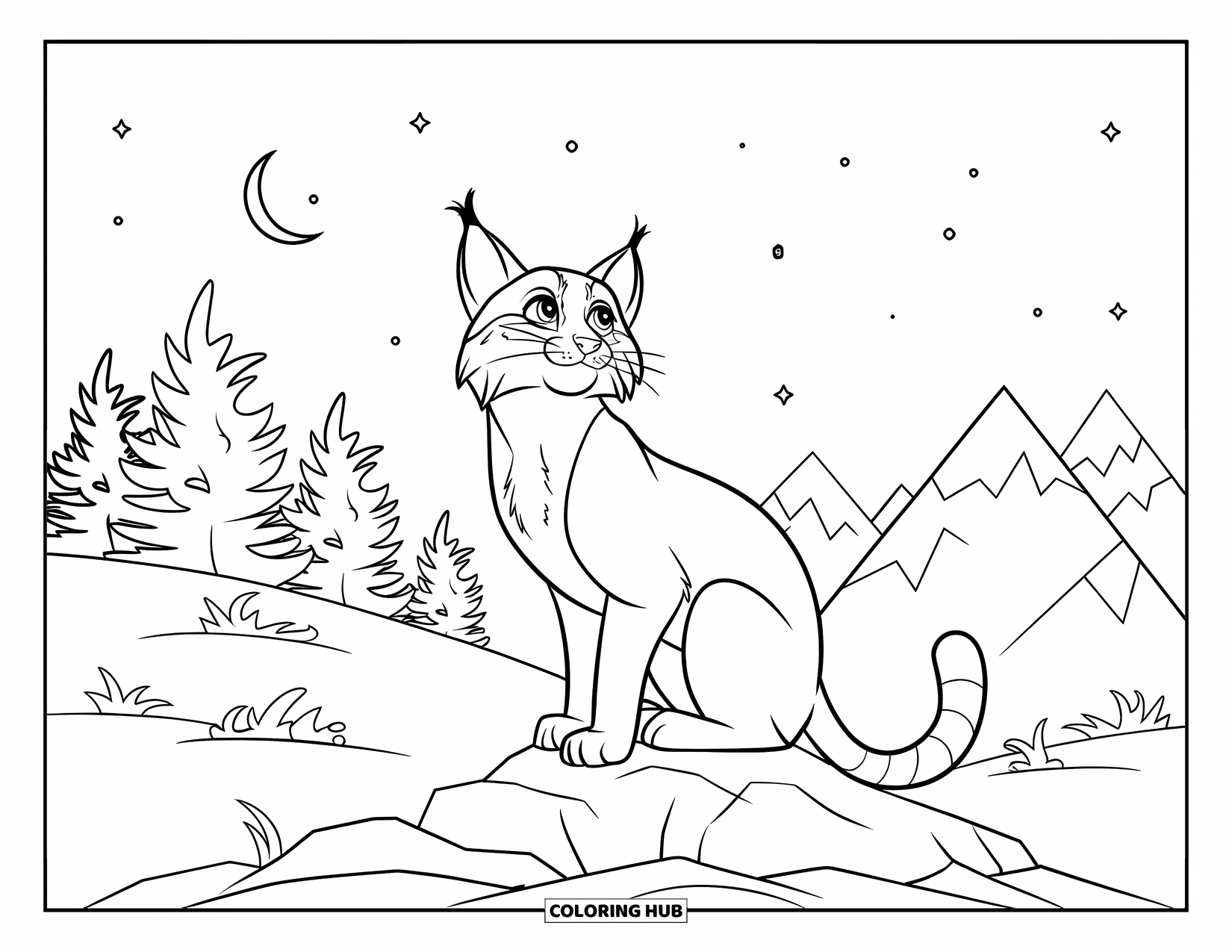 Bobcat Coloring Page for Kids: A bobcat sits on a rock under a crescent moon and snowy peaks