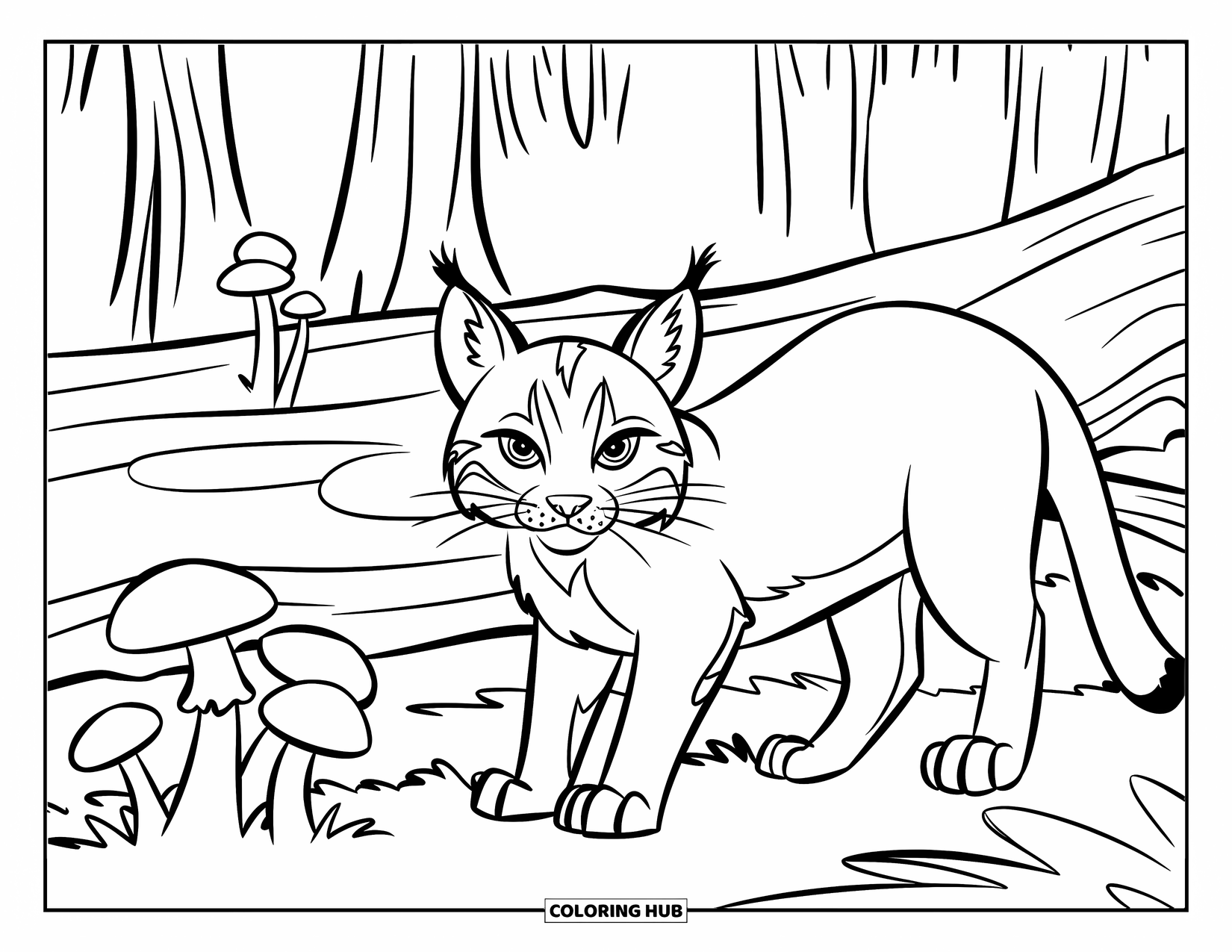 Bobcat Coloring Page for Kids: A bobcat stands beside a log covered in mushrooms in the woods