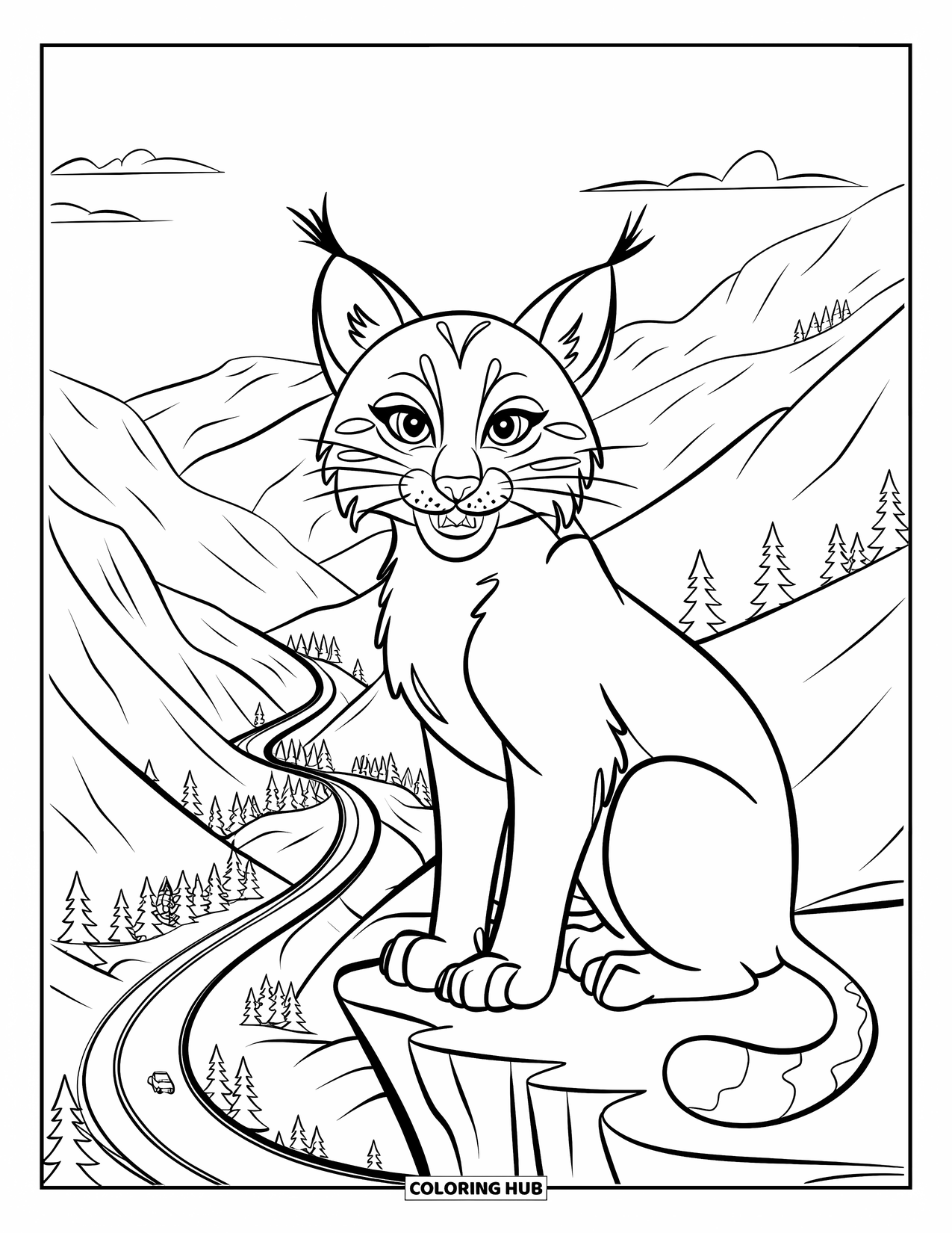 Bobcat Coloring Page for Kids: A bobcat stares from a mountain ledge above winding roads