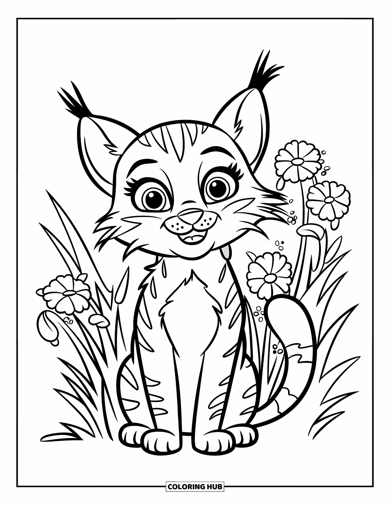 Bobcat Coloring Page for Kids: A bobcat with a yellow collar smiles among grass and flowers