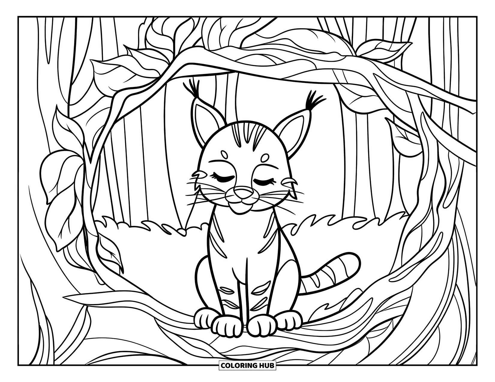 Bobcat Coloring Page for Kids: A bobcat with closed eyes sits in a leafy twig den in the woods