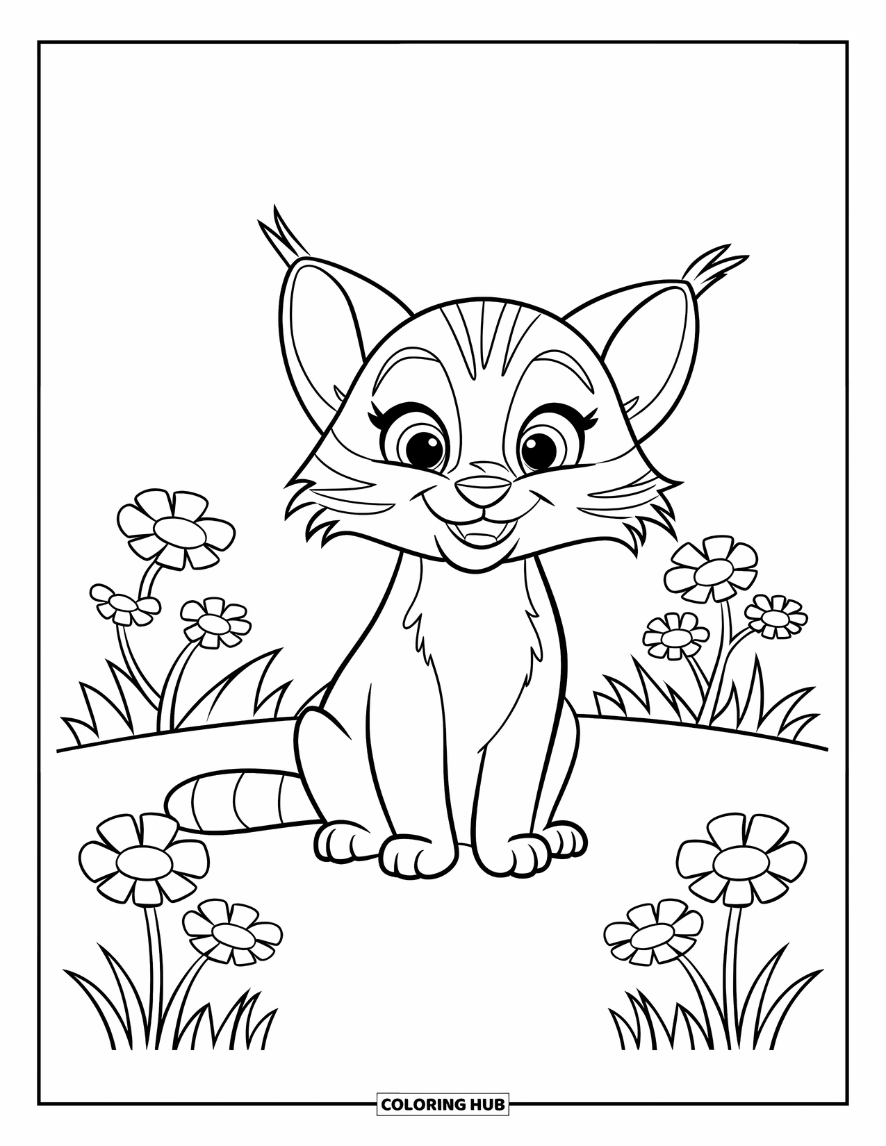 Bobcat Coloring Page for Kids: A cheerful bobcat smiles on a grassy field filled with flowers
