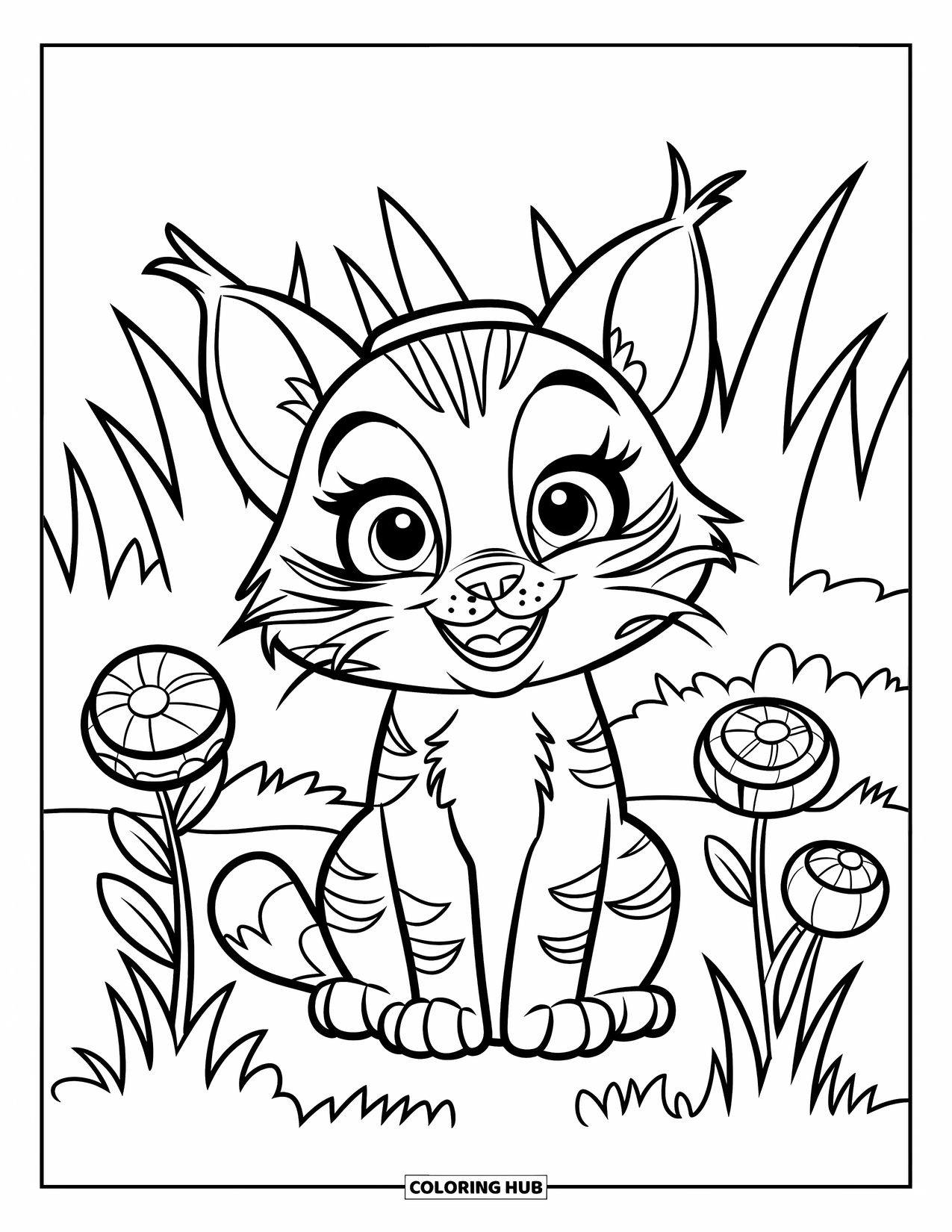 Bobcat Coloring Page for Kids: A cute bobcat in a hat smiles while sitting in a flower patch