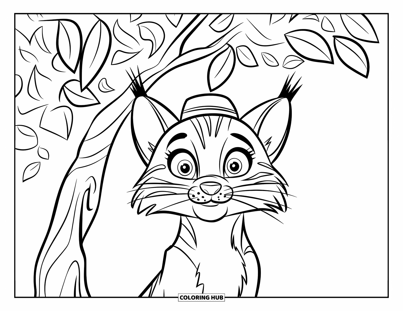 Bobcat Coloring Page for Kids: A smiling bobcat in a green hat stands happily under a round-leaf tree