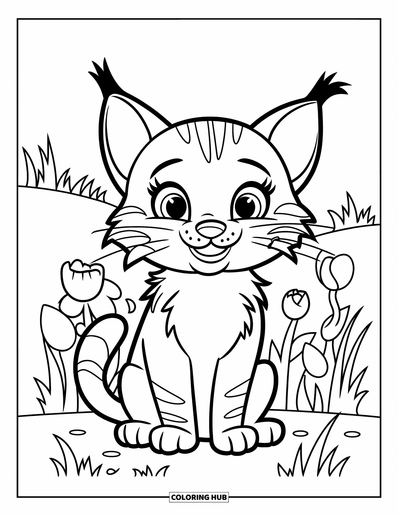 Bobcat Coloring Page for Kids: A smiling bobcat sits in grass and flowers with a happy face