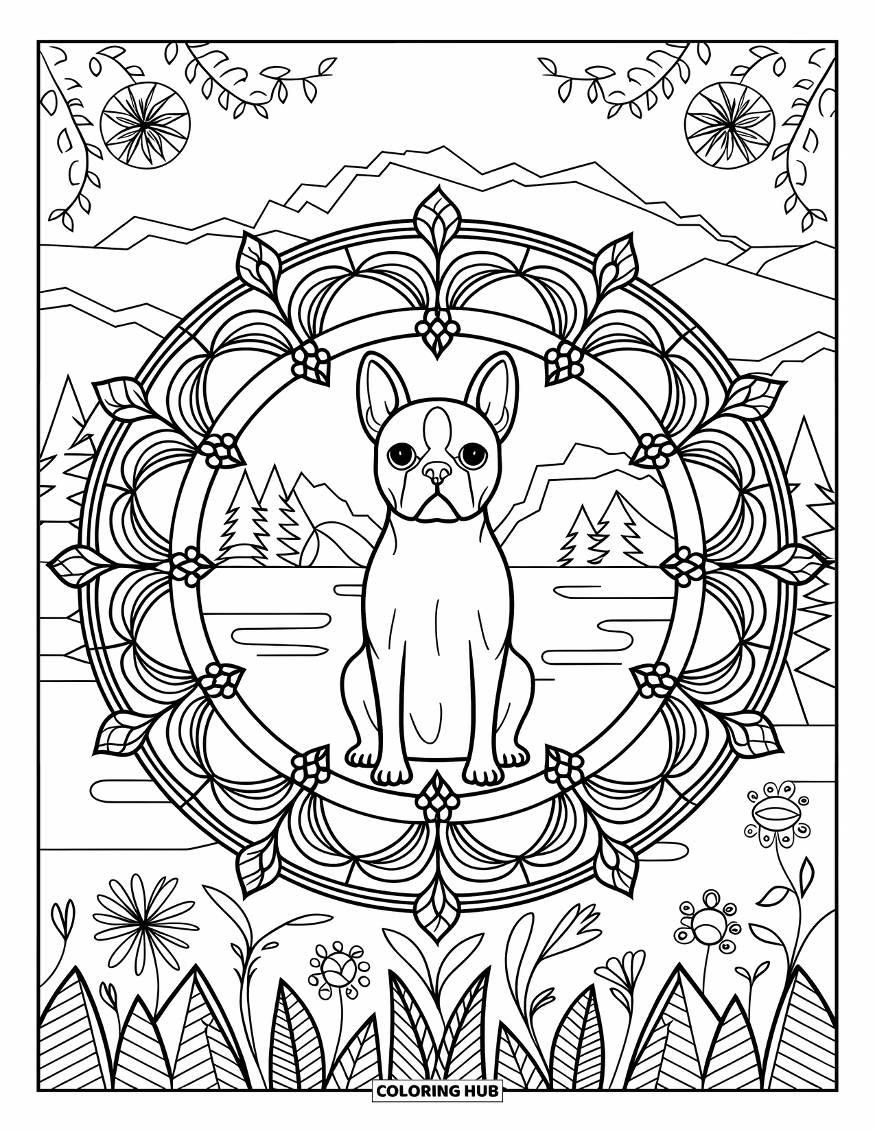 Boston Terrier Coloring Page for Adults: Boston Terrier centered in a mandala of flowers, vines, and a serene outdoor scene