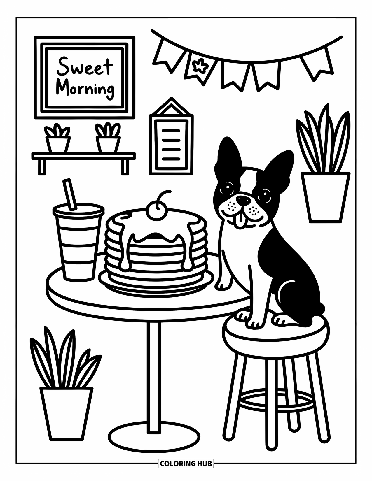 Boston Terrier Coloring Page for Adults: Boston Terrier eyes pancakes and a warm drink at a cafÈ table with sweet decor