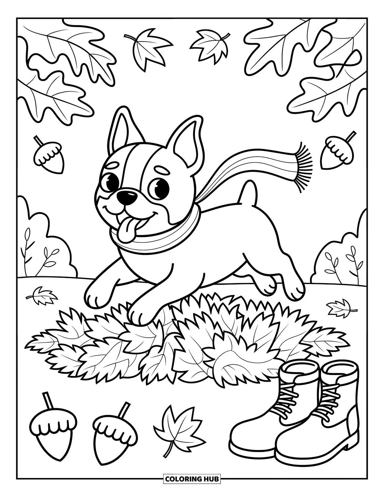 Boston Terrier Coloring Page for Adults: Boston Terrier jumps into a leaf pile wearing a scarf, surrounded by acorns and boots