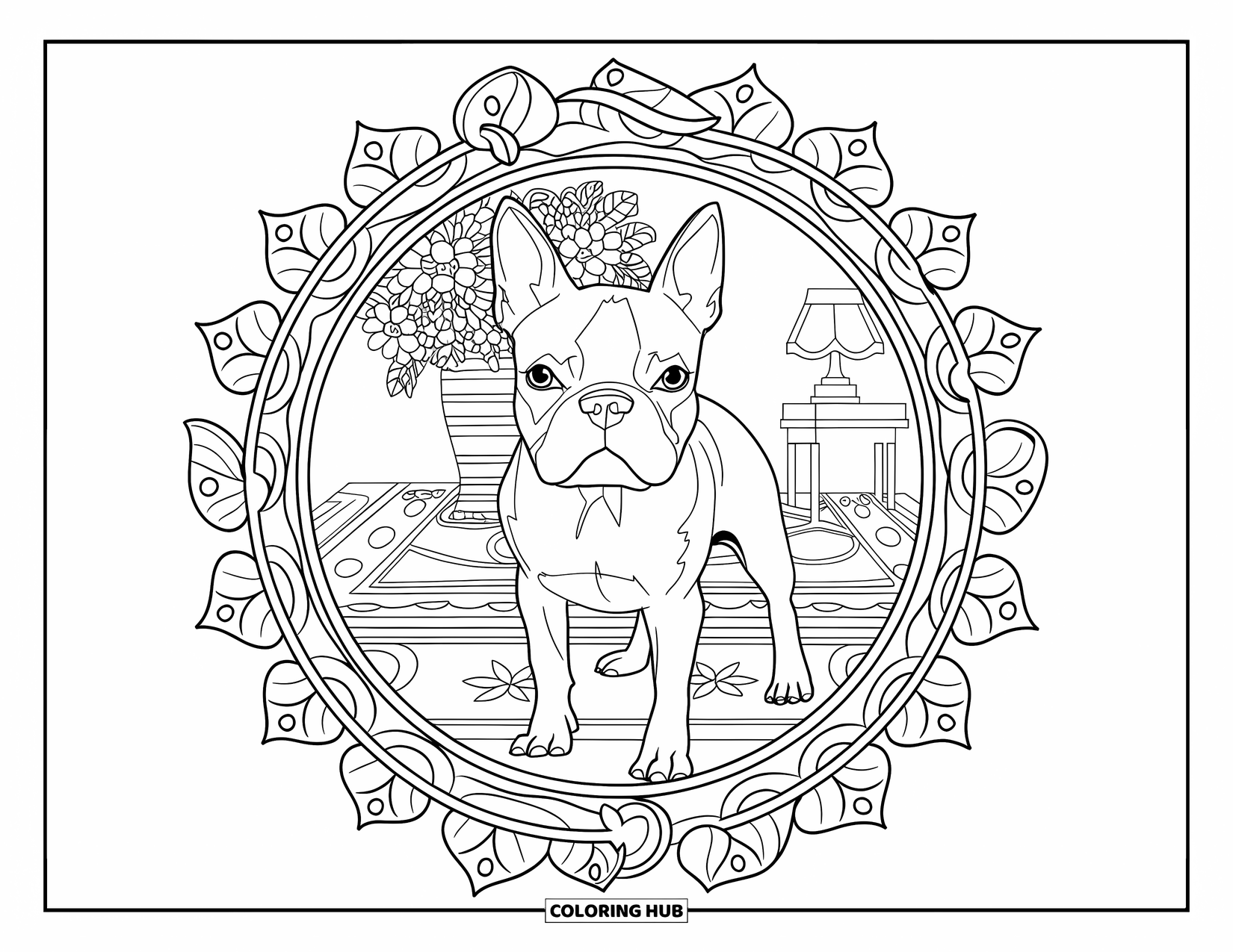 Boston Terrier Coloring Page for Adults: Boston Terrier on a rug surrounded by floral details, a vase, and a tiny lamp