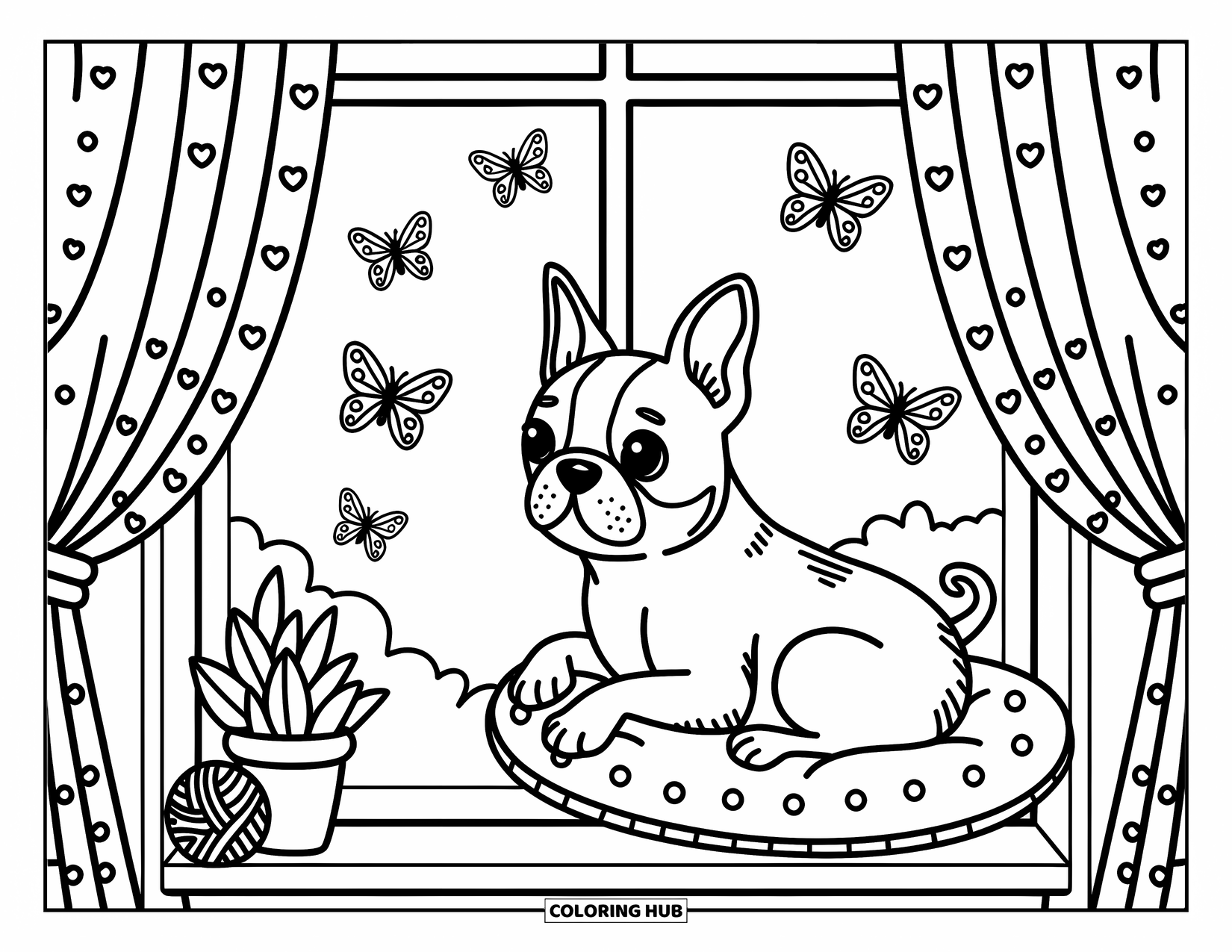 Boston Terrier Coloring Page for Adults: Boston Terrier perched on a windowsill, gazing at butterflies with cozy home details around