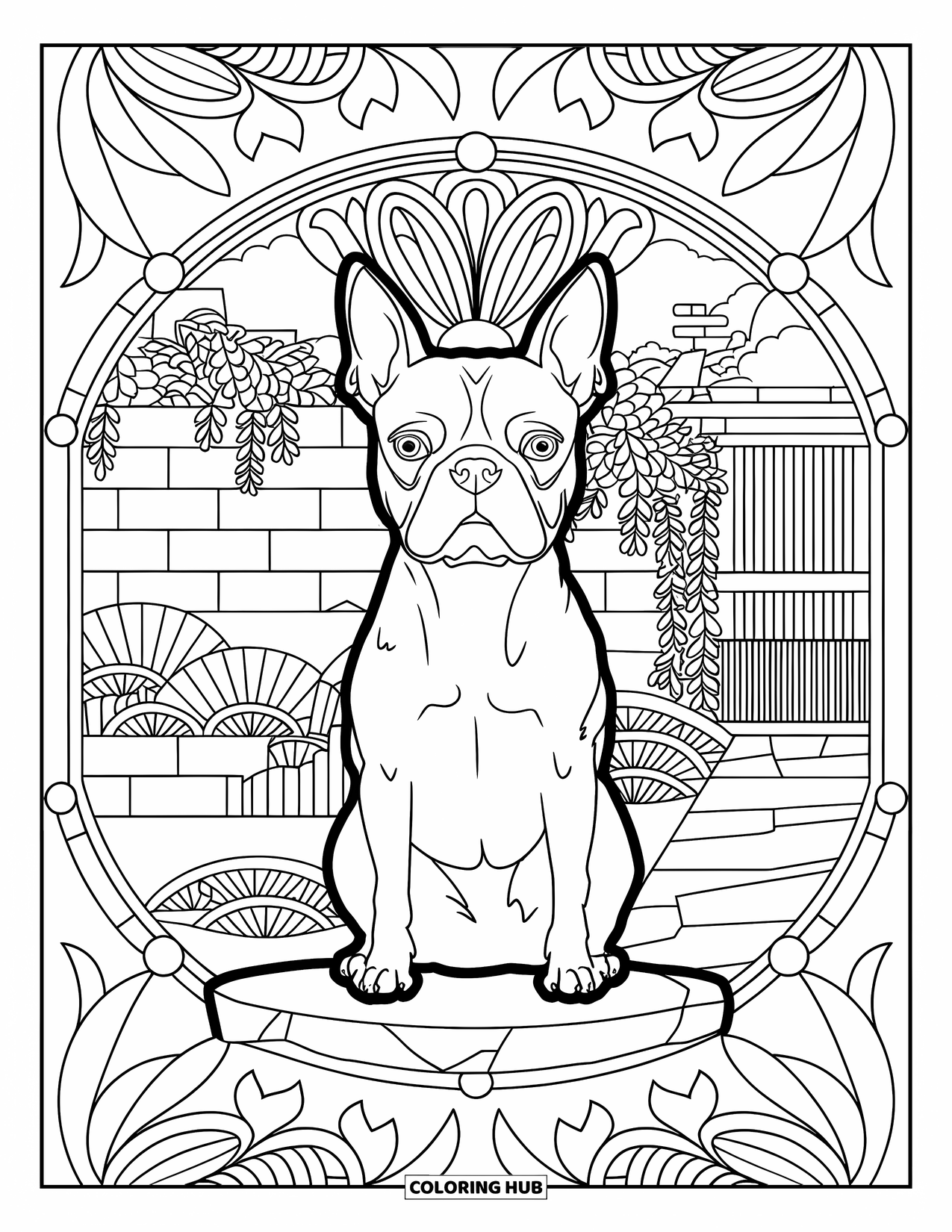 Boston Terrier Coloring Page for Adults: Boston Terrier sits near a gate framed by lotus mandalas and garden decor