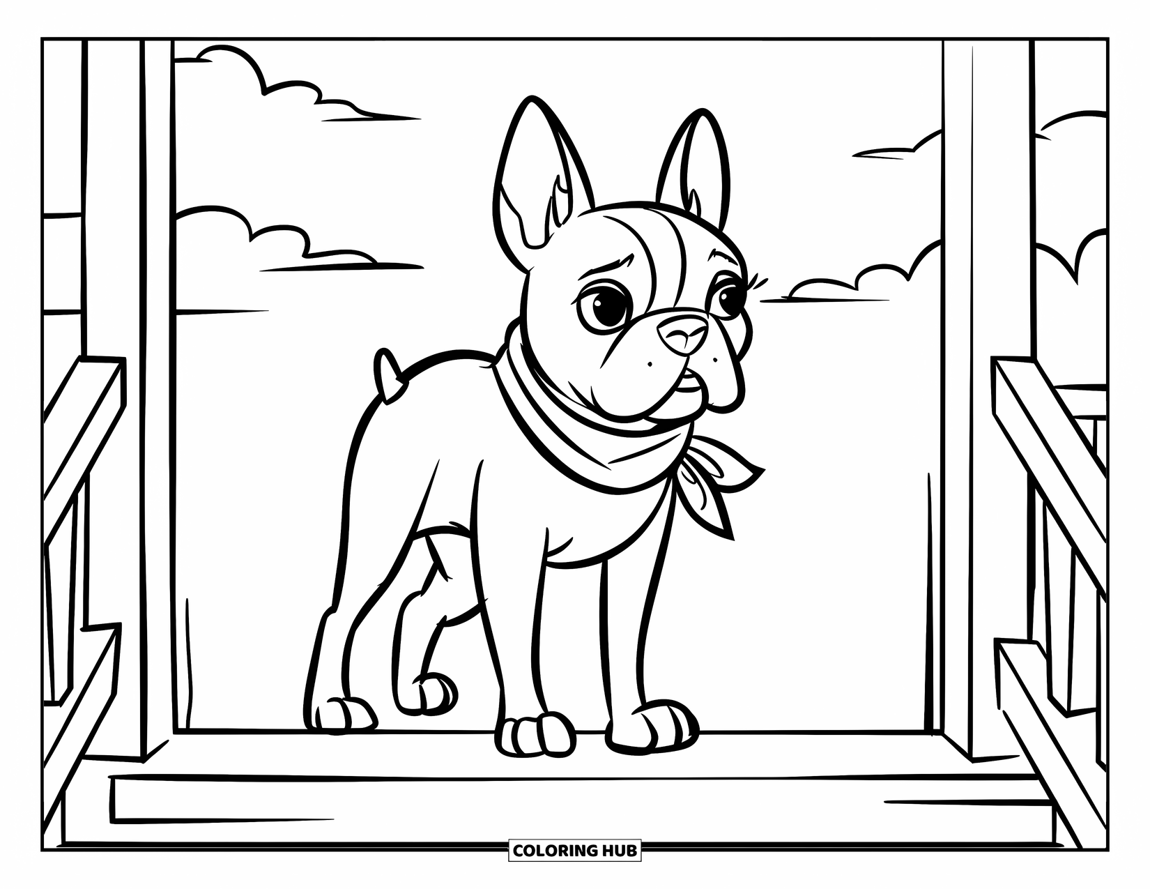 Boston Terrier Coloring Page for Kids: Boston Terrier in a scarf standing proudly on a porch with a few steps