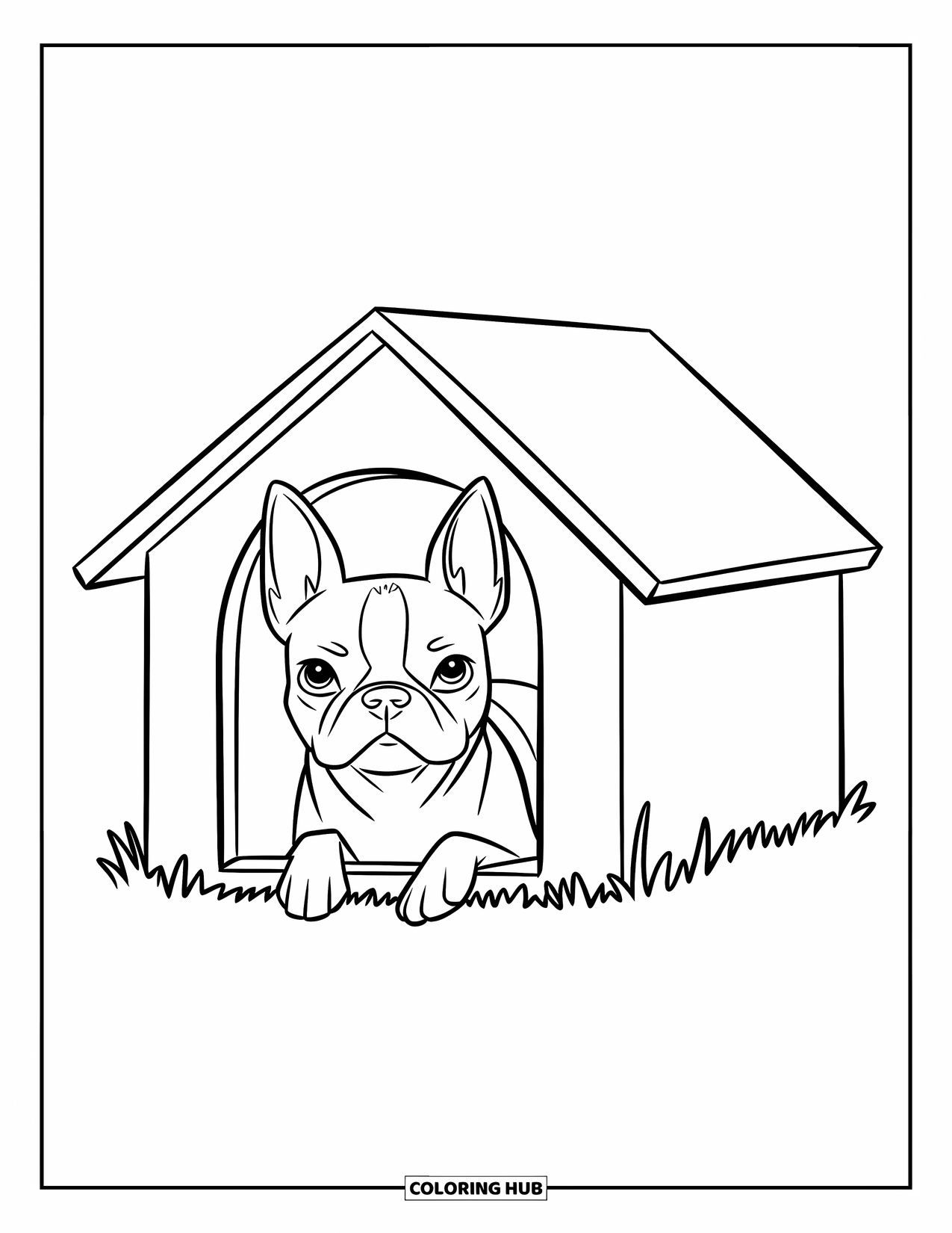 Boston Terrier Coloring Page for Kids: Boston Terrier looking out from a doghouse in a sunny grassy area
