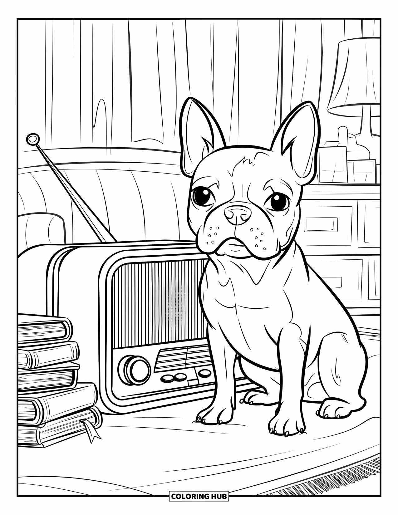 Boston Terrier Coloring Page for Kids: Boston Terrier on a rug next to books and a vintage radio in a cozy room