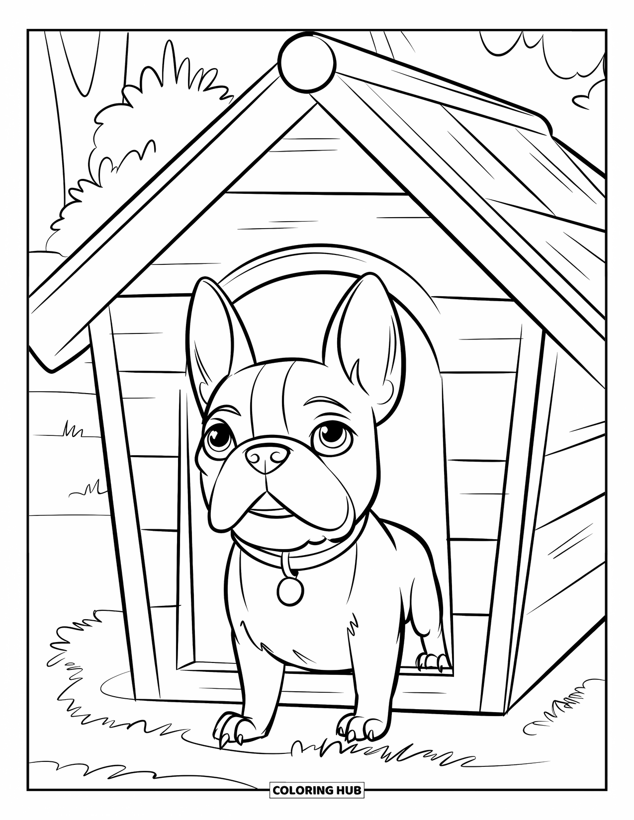 Boston Terrier Coloring Page for Kids: Boston Terrier peeking from a doghouse with trees around
