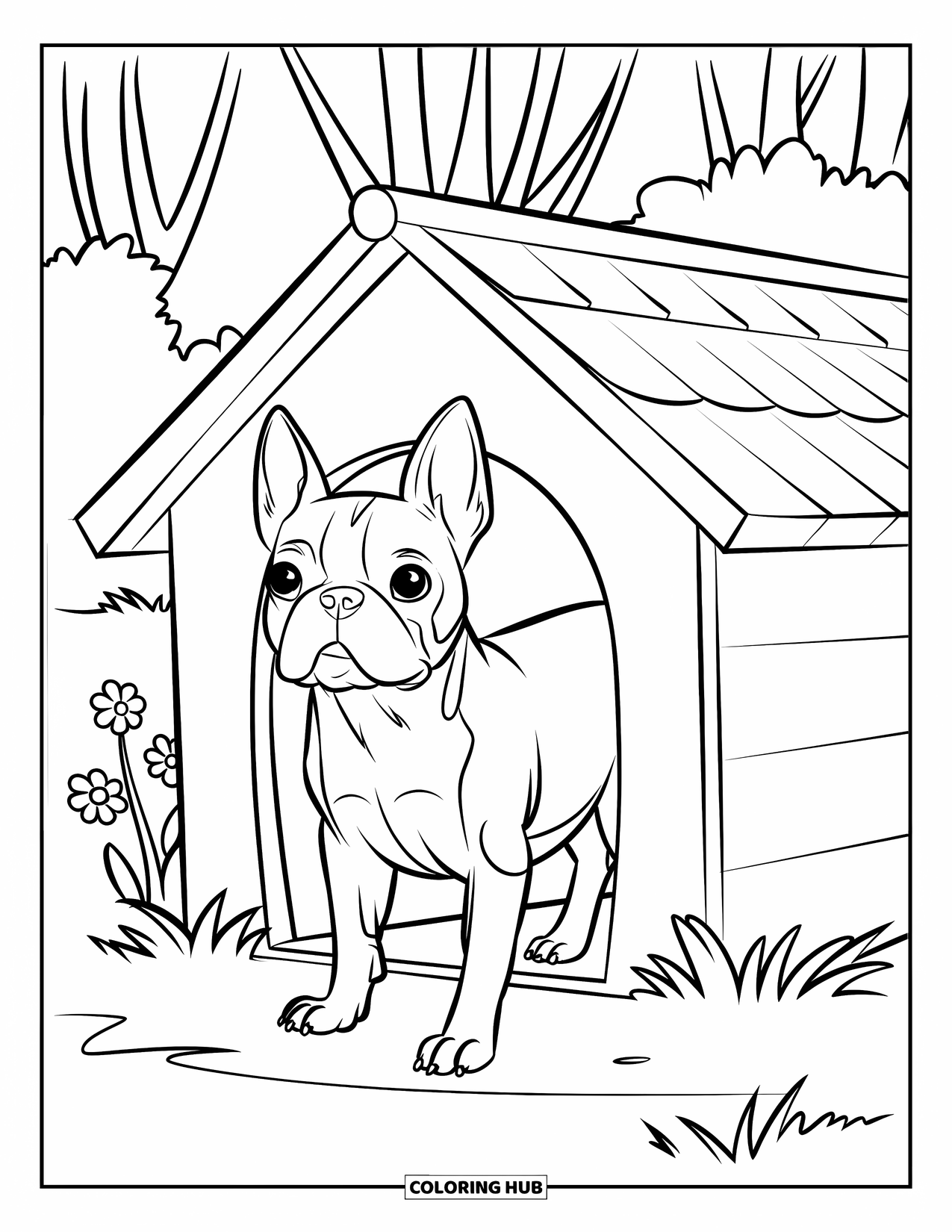 Boston Terrier Coloring Page for Kids: Boston Terrier peeking from a white doghouse with flowers nearby