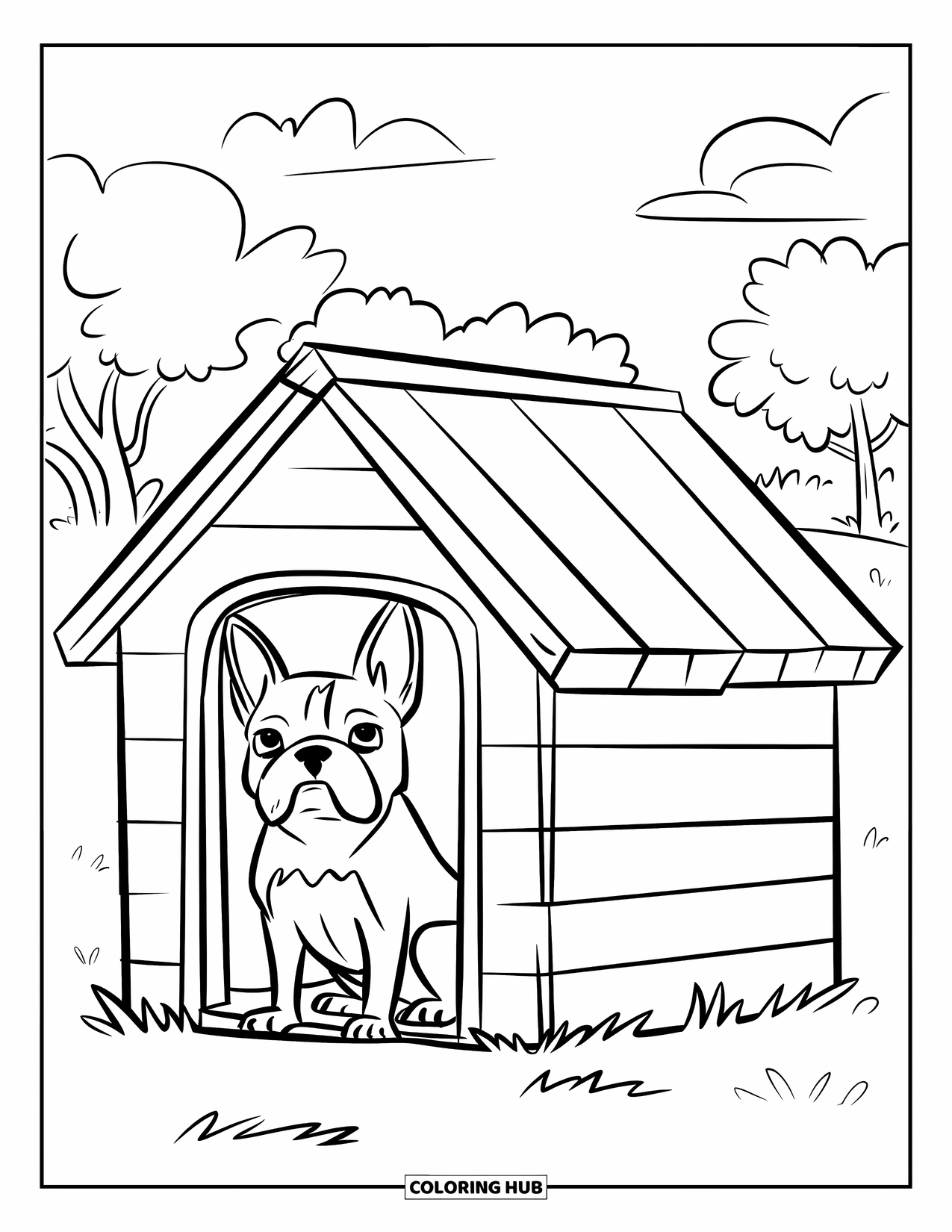 Boston Terrier Coloring Page for Kids: Boston Terrier peeking out of a doghouse on a grassy field