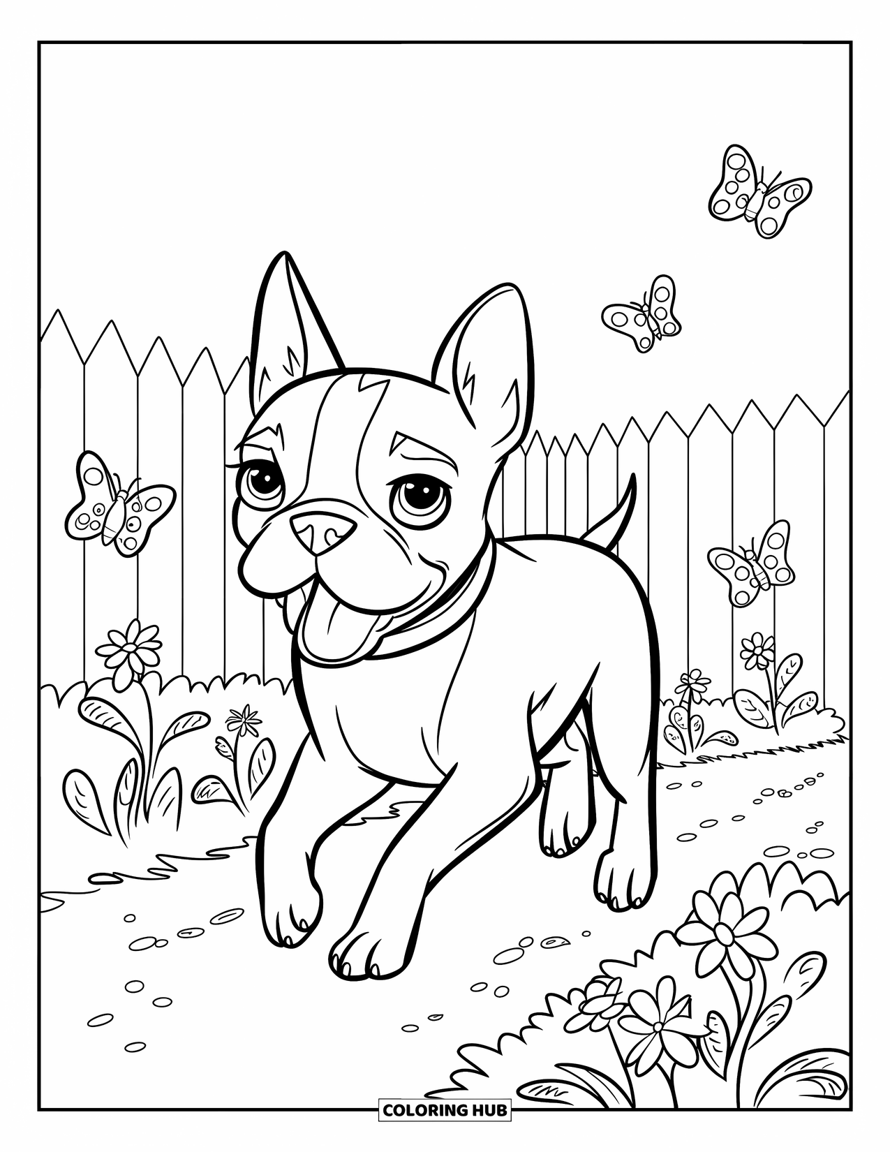 Boston Terrier Coloring Page for Kids: Boston Terrier running through a garden filled with butterflies and flowers