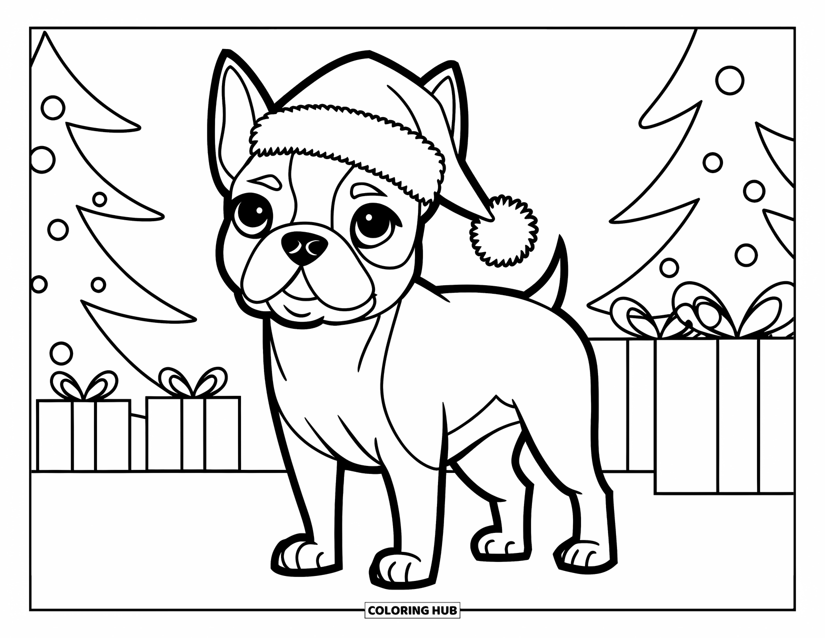 Boston Terrier Coloring Page for Kids: Boston Terrier wearing a Santa hat near trees and presents