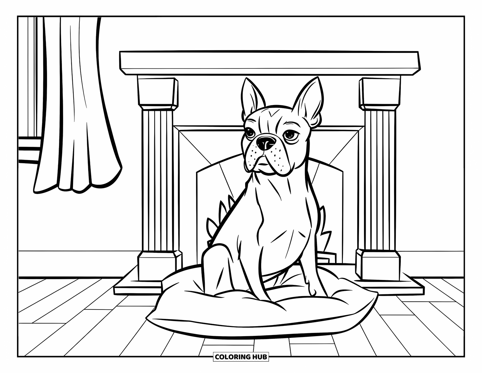 Boston Terrier Coloring Page for Kids: Boston Terrier with a brindle coat resting on a pillow near the fireplace