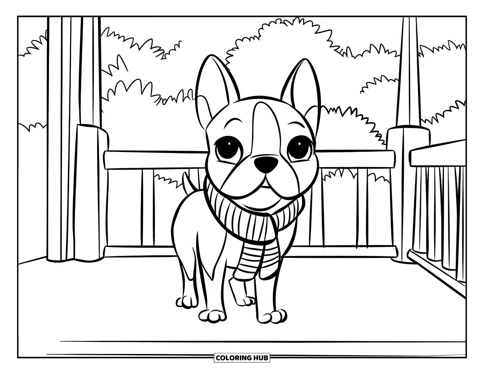Boston Terrier Coloring Page for Kids: Boston Terrier with a striped scarf standing on a porch overlooking trees