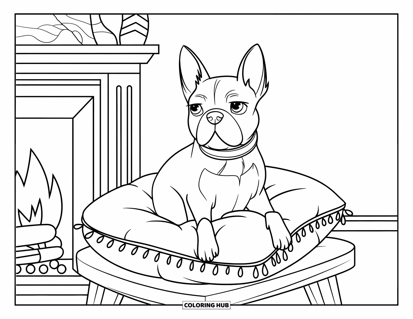 Boston Terrier Coloring Page for Kids: Boston Terrier with fluffy fur resting on a pillow beside a fireplace