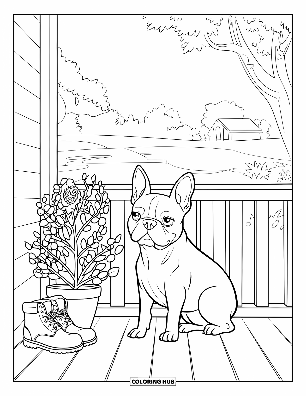 Boston Terrier Coloring Page for Kids: Friendly Boston Terrier sitting on a porch with boots and a potted flower nearby