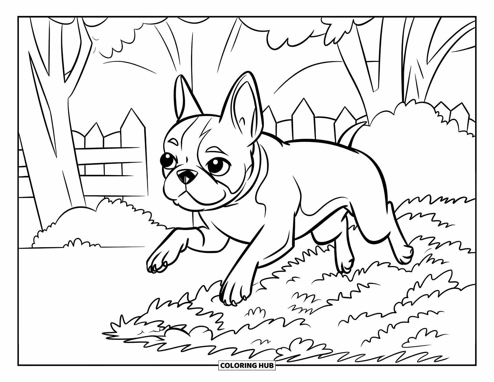 Boston Terrier Coloring Page for Kids: Playful Boston Terrier mid-jump over a big, fluffy pile of fall leaves
