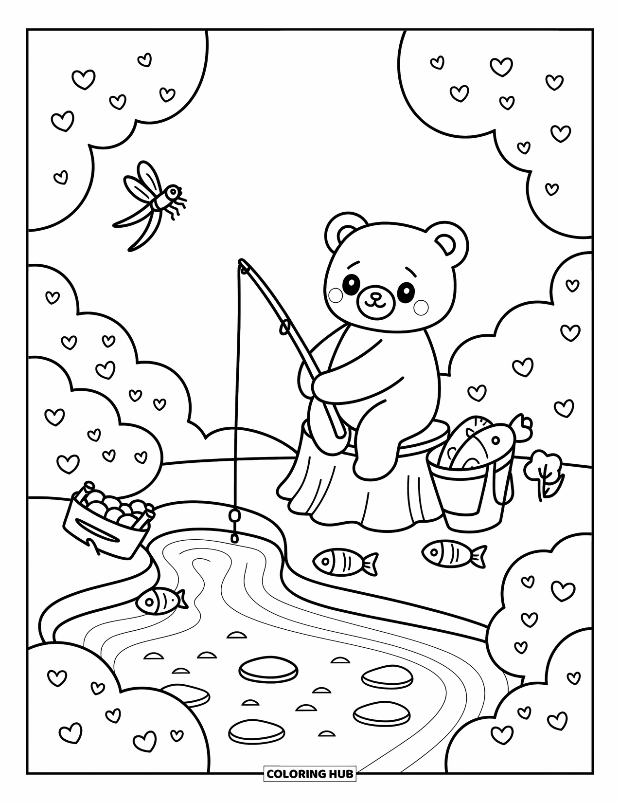 Brown Bear Coloring Page for Adults: A bear fishes by a riverbank with a snack box and tiny bucket of fish
