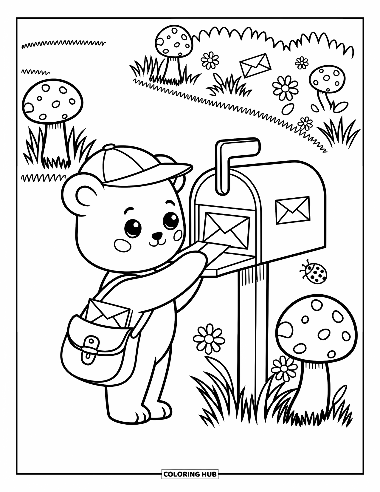 Brown Bear Coloring Page for Adults: A bear in a cap sends mail beside flowers, mushrooms, and a little ladybug