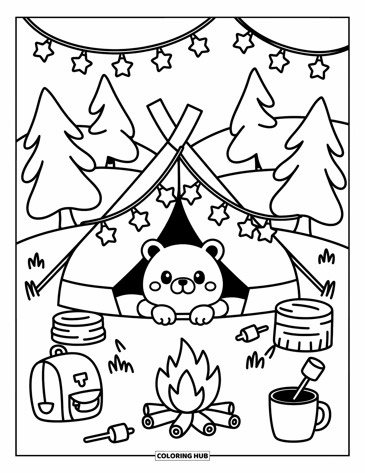 Brown Bear Coloring Page for Adults: A bear in a scarf peeks out of a tent near a campfire and soft hills