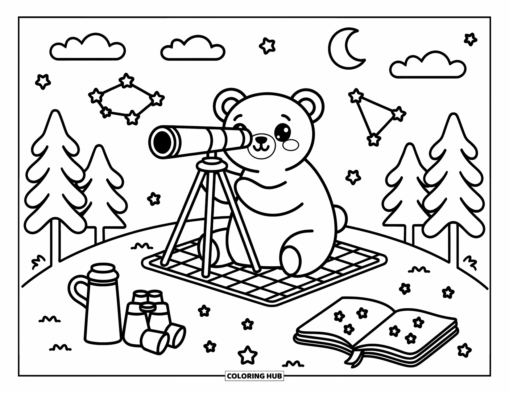 Brown Bear Coloring Page for Adults: A bear peers through a telescope under a starlit sky on a plaid mat