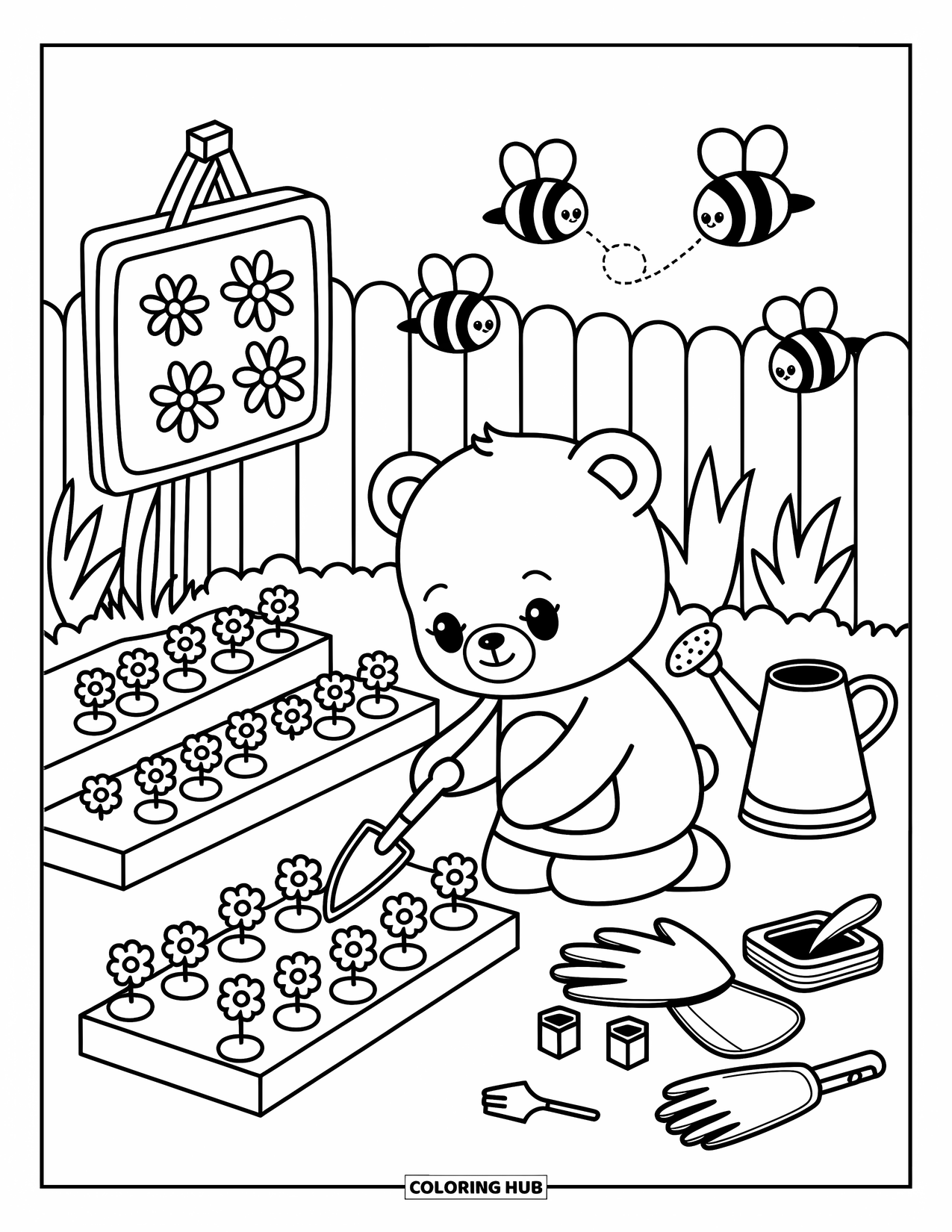 Brown Bear Coloring Page for Adults: A bear plants flowers with a watering can and buzzing bees nearby