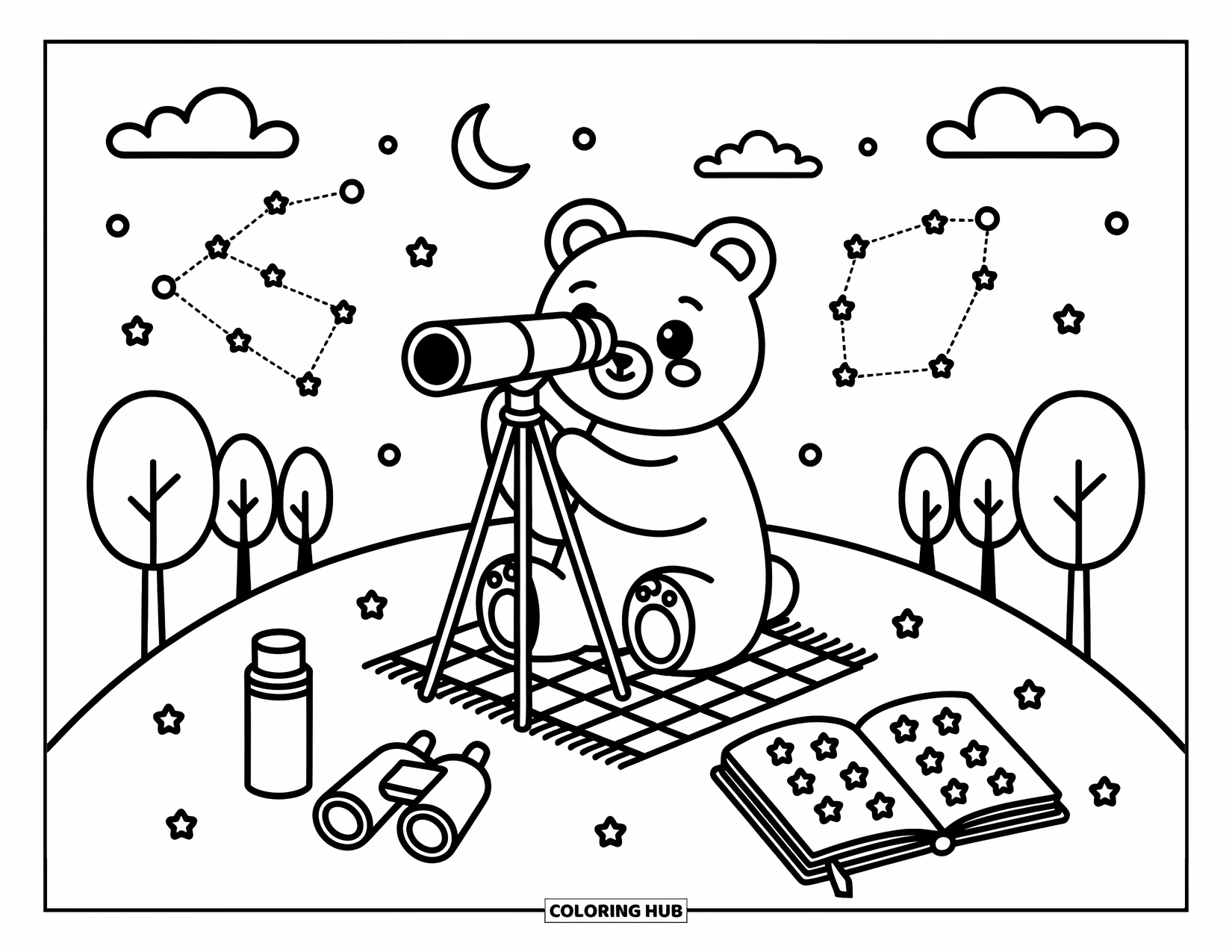 Brown Bear Coloring Page for Adults: A bear stargazes on a hill with a telescope, thermos, and doodled notebook