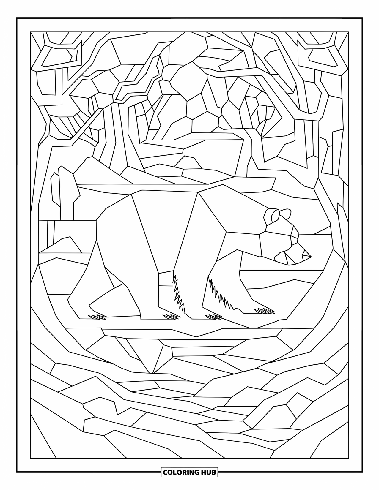 Brown Bear Coloring Page for Adults: A bear walks through a stained-glass world of rivers, trees, and forest shapes