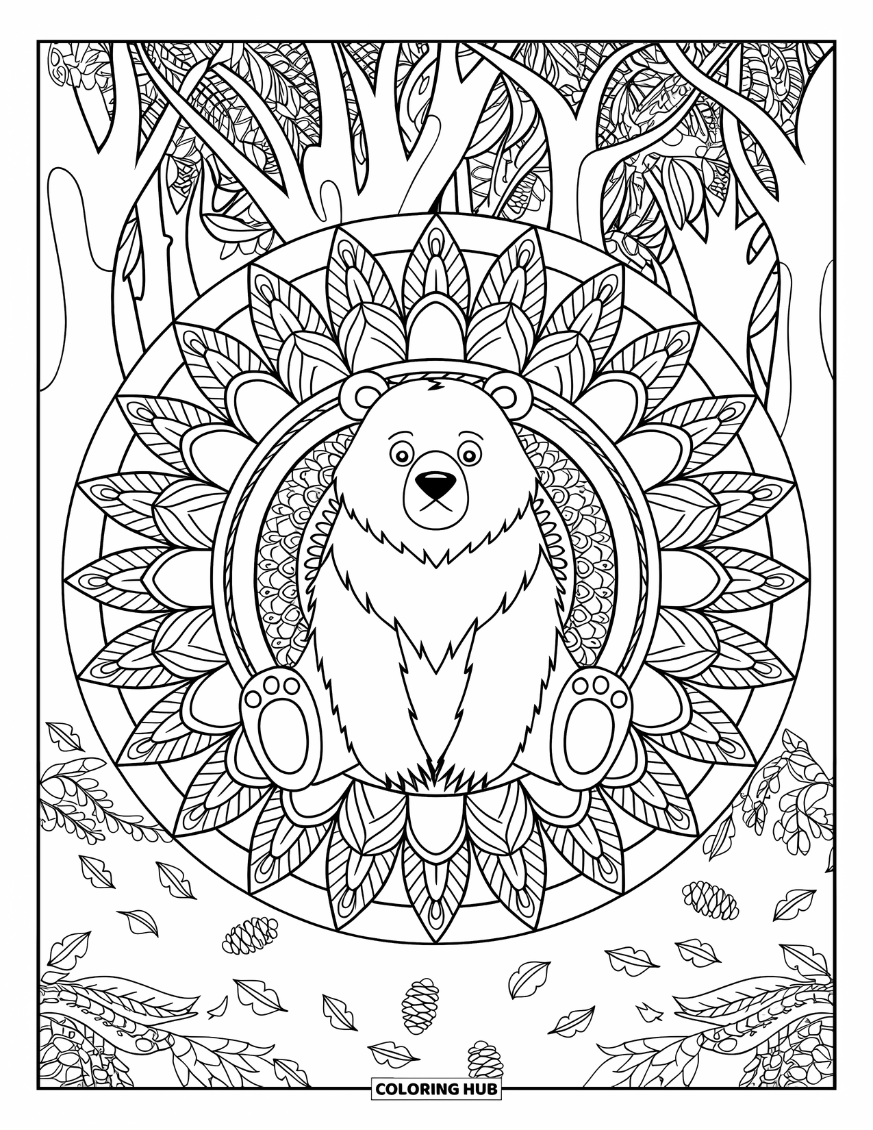 Brown Bear Coloring Page for Adults: A calm bear rests in a forest mandala of swirling leaves and layered pinecones